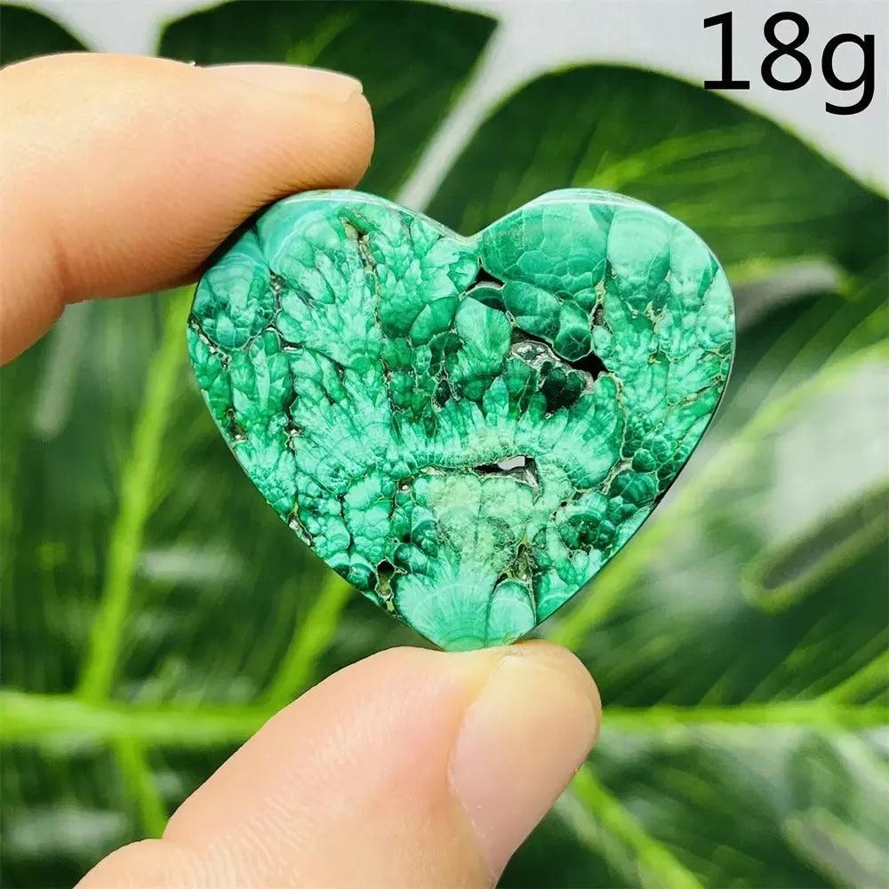 Handcrafted Malachite Crystal Heart, 18g, with deep forest green bands, promoting emotional healing and spiritual growth.