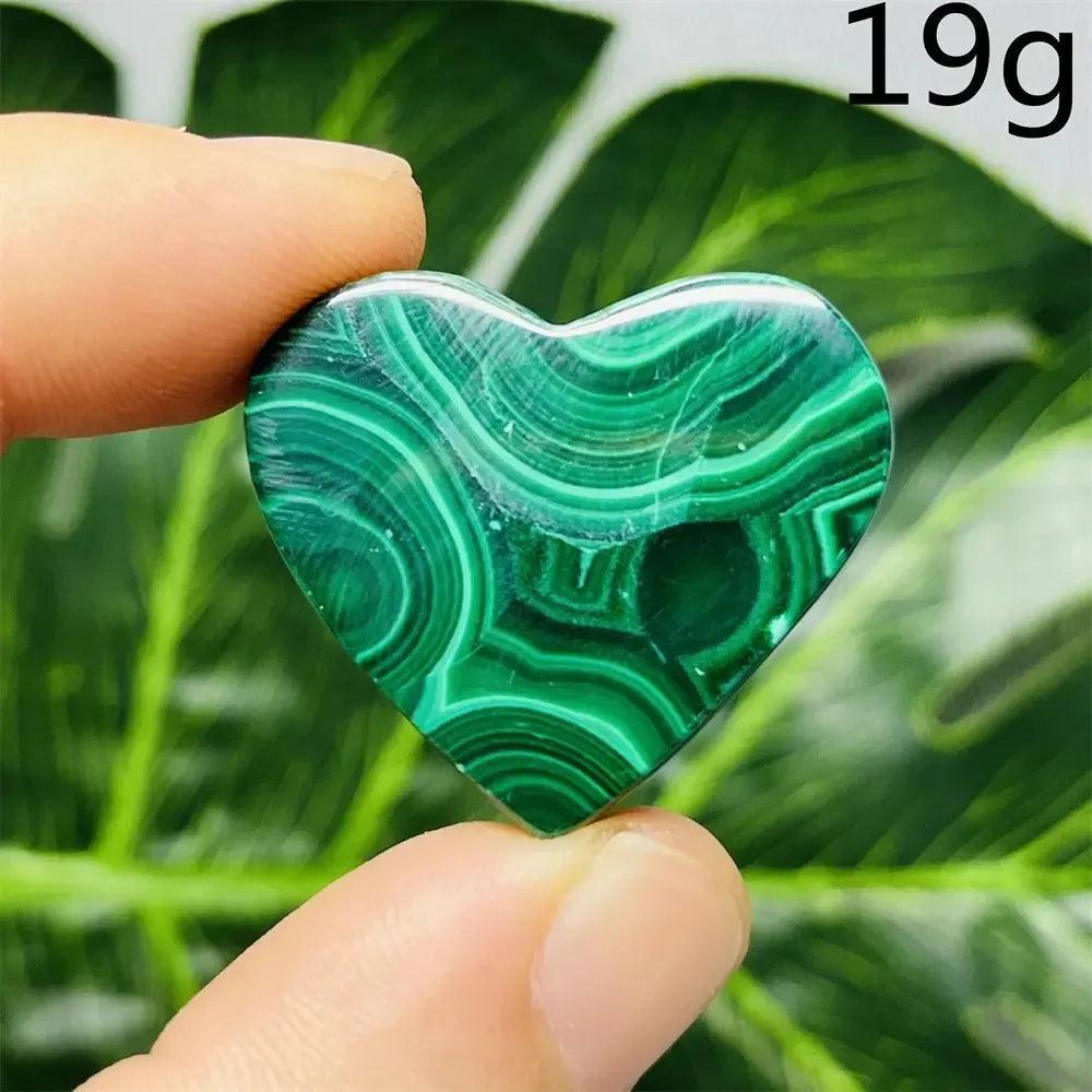 Polished Malachite Crystal Heart, 19g, with deep forest green bands, promoting emotional healing and spiritual growth.