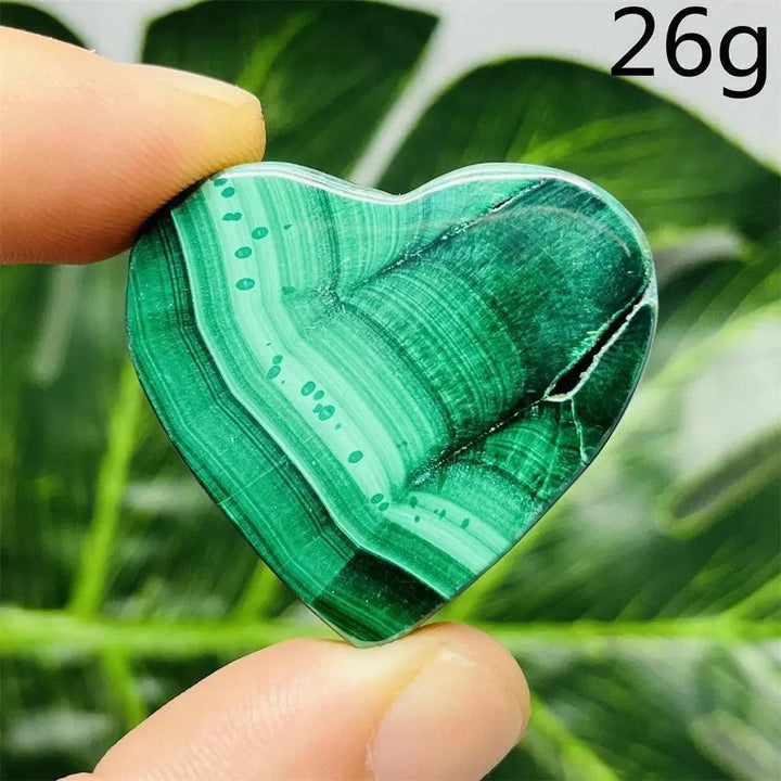 Polished Malachite Crystal Heart, 26g, with deep forest green bands, promoting emotional healing and spiritual growth.