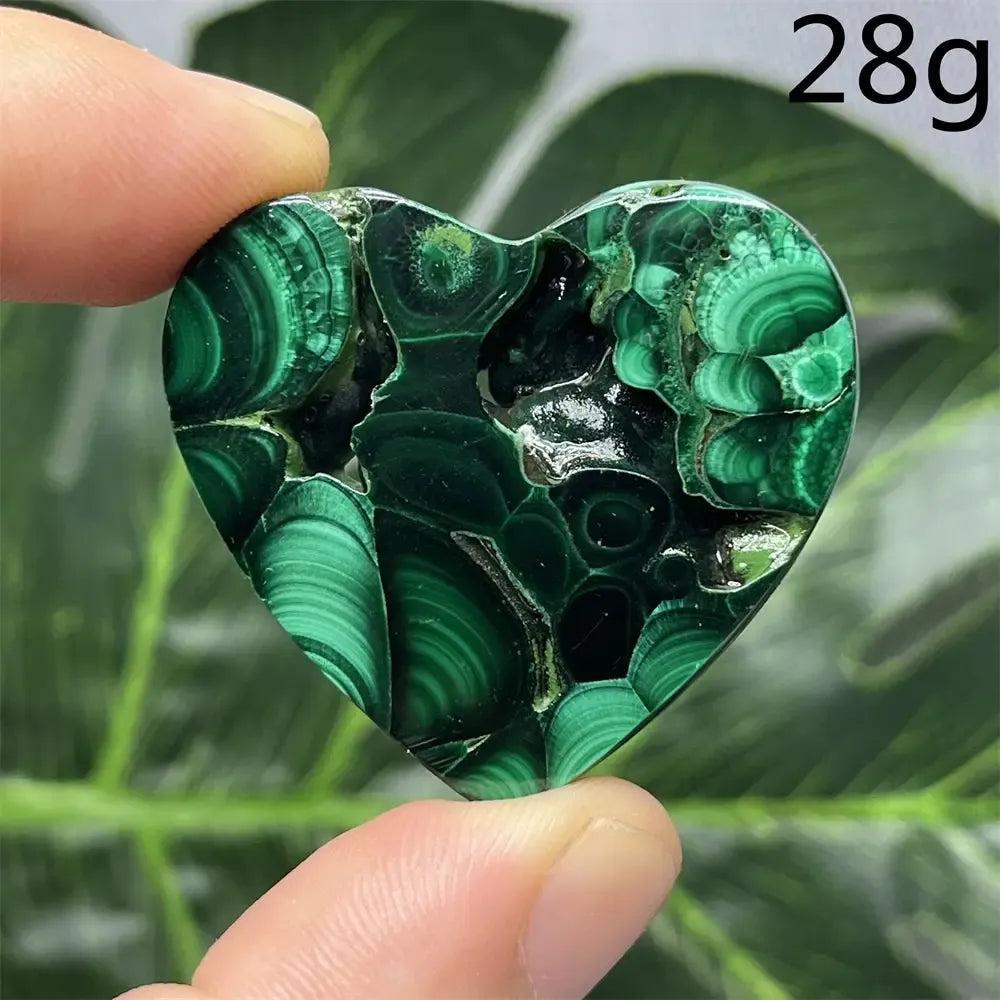 Polished Malachite Crystal Heart, 28g, with mesmerizing deep forest green bands, radiating powerful protective energy.