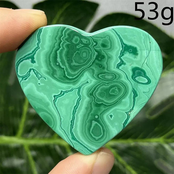 Polished Malachite Crystal Heart, 53g, with mesmerizing deep forest green bands, radiating powerful protective energy.