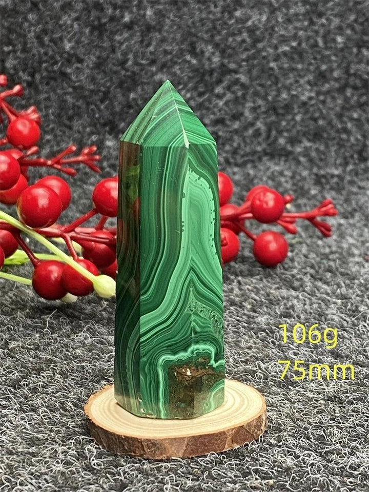 Polished Malachite hexagonal obelisk tower with vibrant green banding for healing, growth, and transformation.
