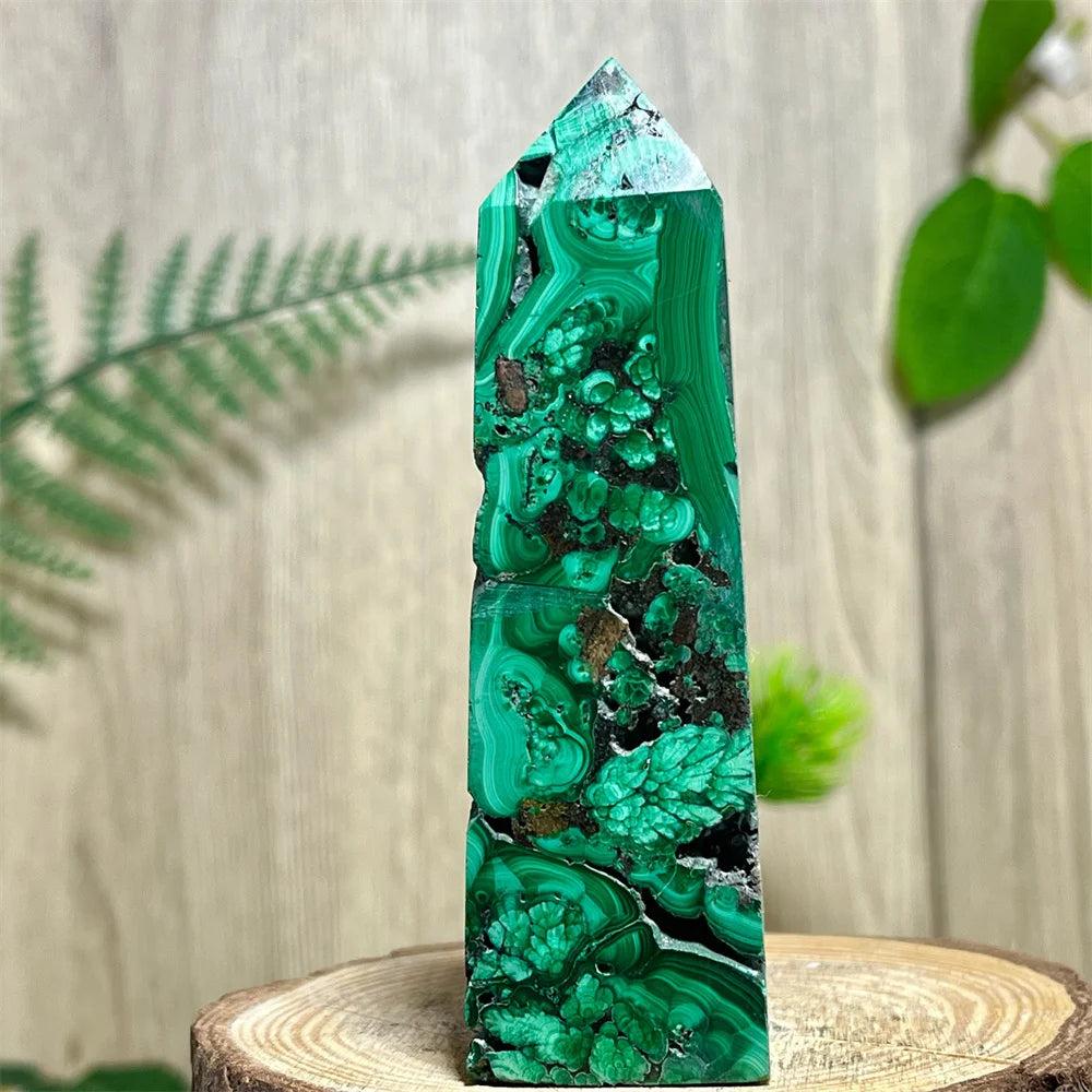 Polished Malachite Crystal Obelisk Tower featuring deep, vibrant green banded patterns for healing and transformation.