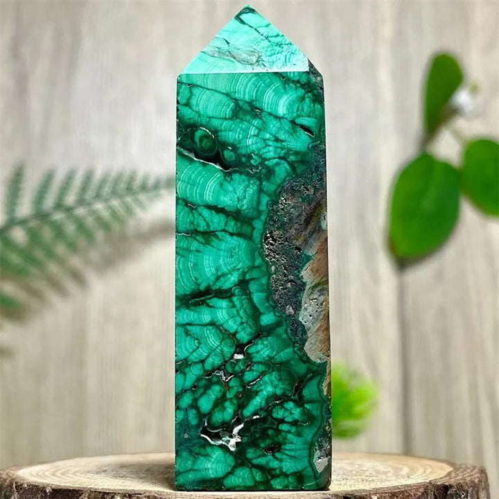 Polished Malachite Crystal Obelisk Tower with deep green swirling bands for heart chakra healing and transformation.