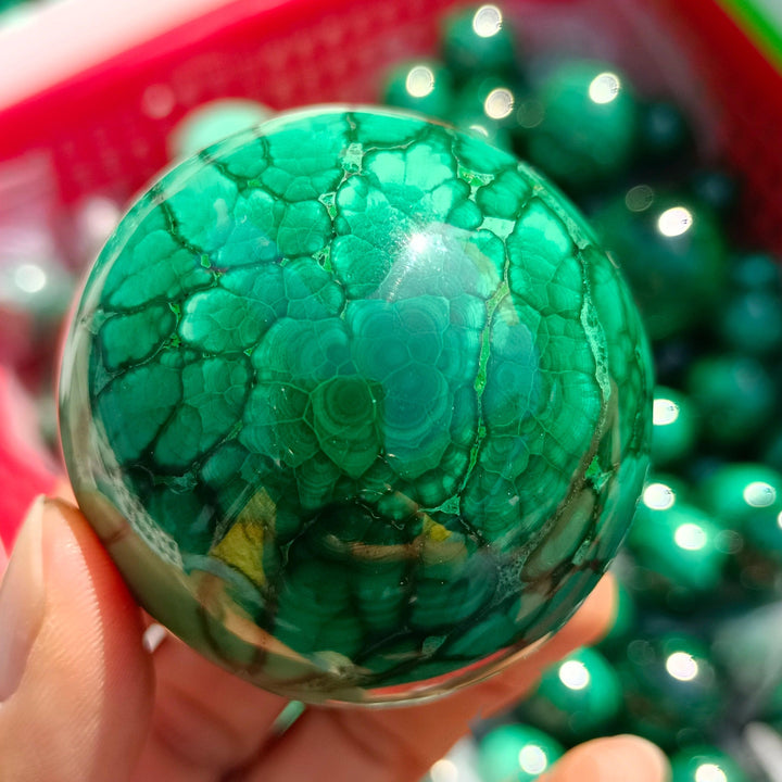 Polished Malachite crystal sphere featuring vibrant forest green banded patterns for heart chakra healing and energy.