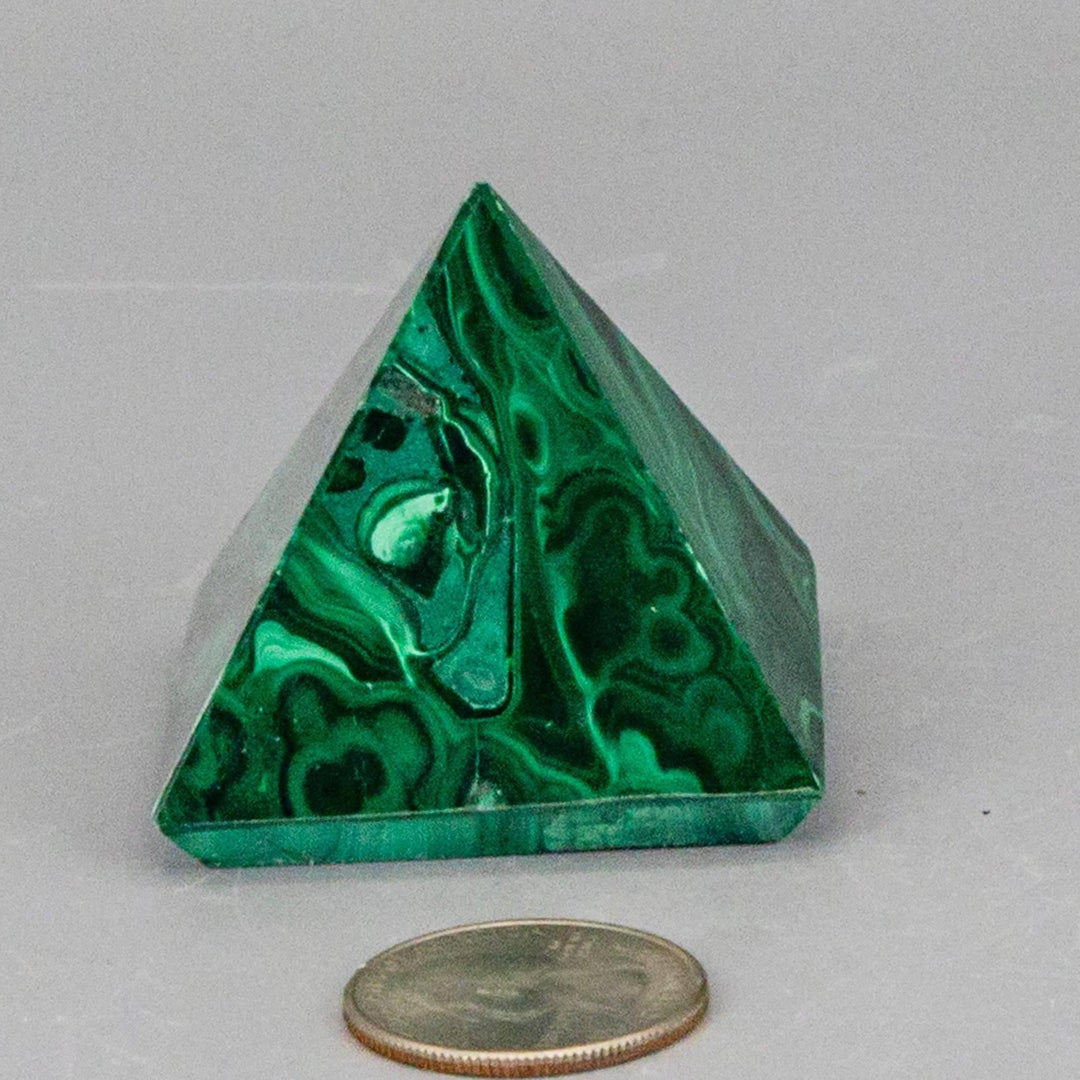 High-quality Malachite Pyramid with deep forest green and mint banding, polished to a mirror-like finish.