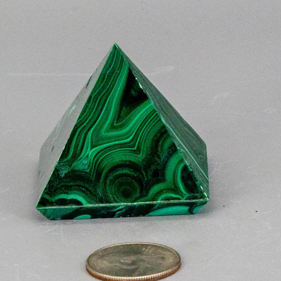 High-quality Malachite Pyramid with deep forest green and mint swirling bands, polished to a mirror-like finish.
