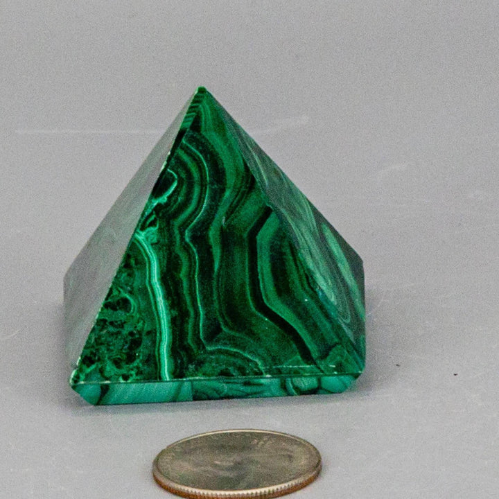 High-quality Malachite Pyramid with deep forest green and mint banding, polished to a mirror-like finish.