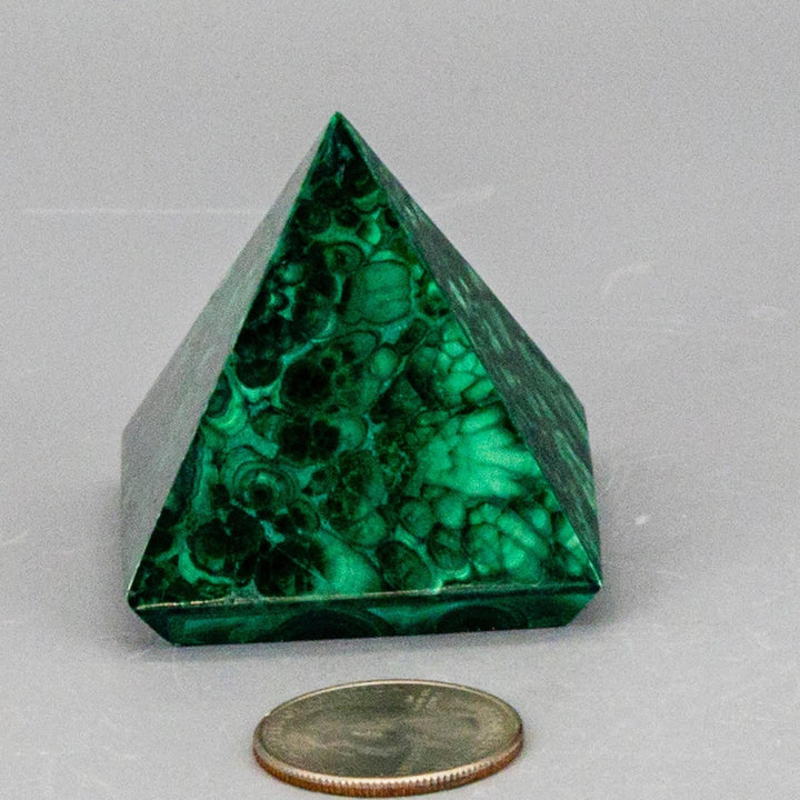 High-quality Malachite Pyramid with deep forest green and mint banding, polished to a mirror-like finish.
