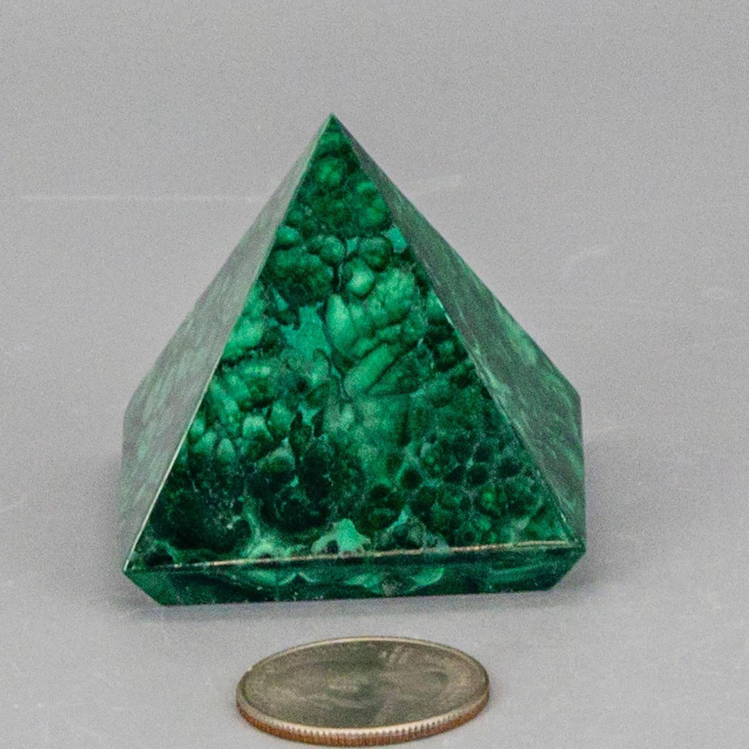 High-quality Malachite Pyramid with deep forest green and mint banding, polished to a smooth, mirror-like finish.