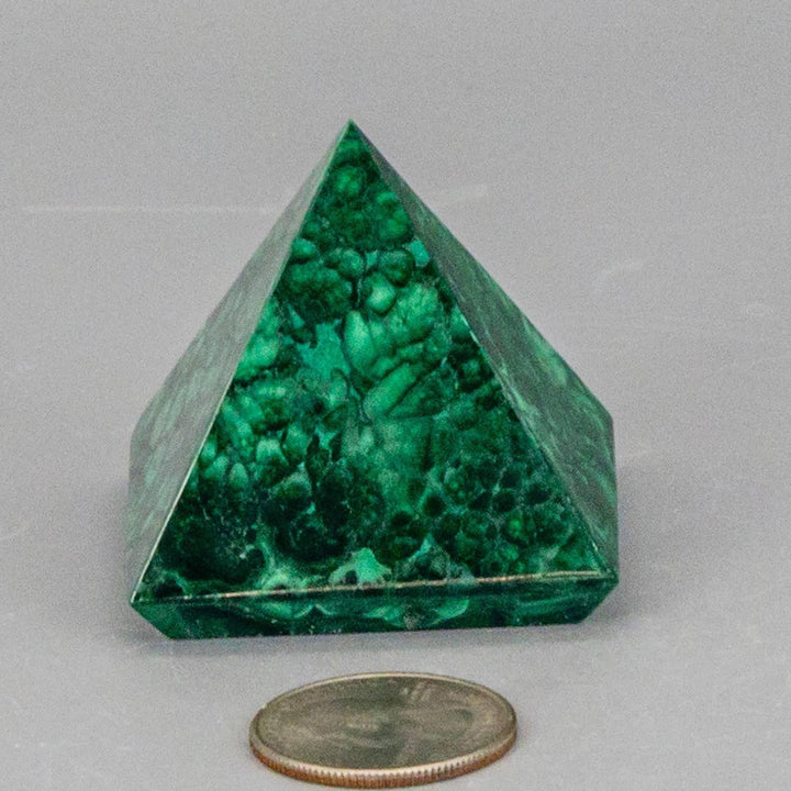 High-quality Malachite Pyramid with deep forest green and mint banding, polished to a smooth, mirror-like finish.