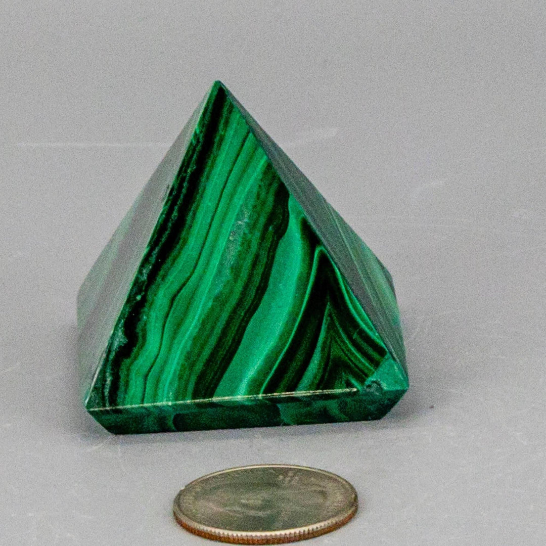 High-quality Malachite Pyramid with deep forest green and mint banding, polished to a mirror-like finish.