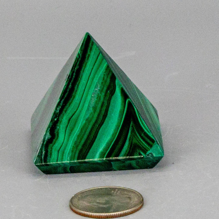 High-quality Malachite Pyramid with deep forest green and mint banding, polished to a mirror-like finish.