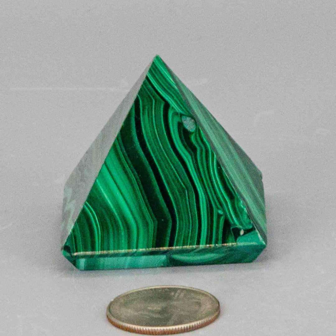 High-quality Malachite Pyramid with deep forest green and mint banding, polished to a mirror-like finish.