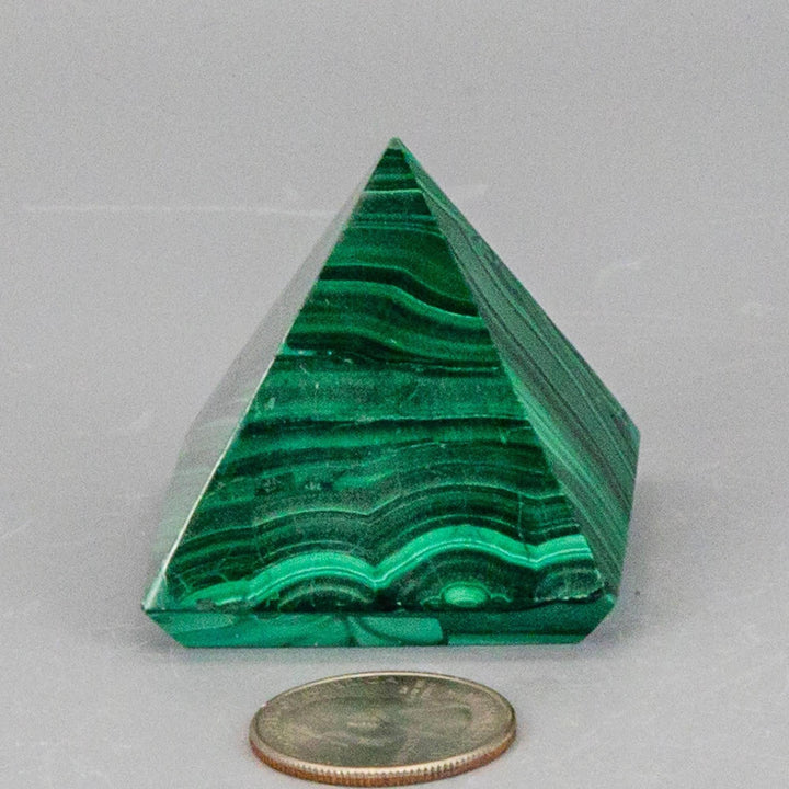 High-quality Malachite Pyramid with deep forest green and mint banding, polished to a mirror-like finish.