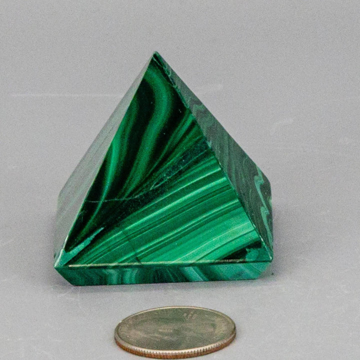 High-quality Malachite Pyramid with deep forest green and mint banding, polished to a mirror-like finish.