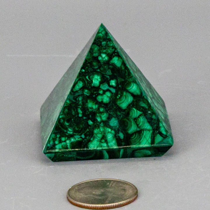 High-quality Malachite Pyramid with deep forest green and mint swirling patterns, polished to a mirror-like finish.