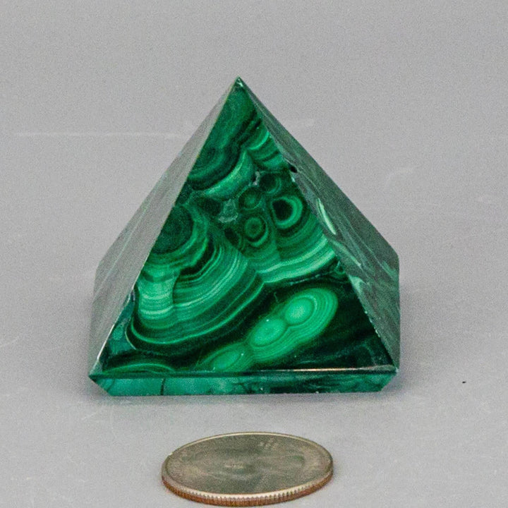 High-quality Malachite Pyramid with deep forest green and mint swirling patterns, polished to a mirror-like finish.