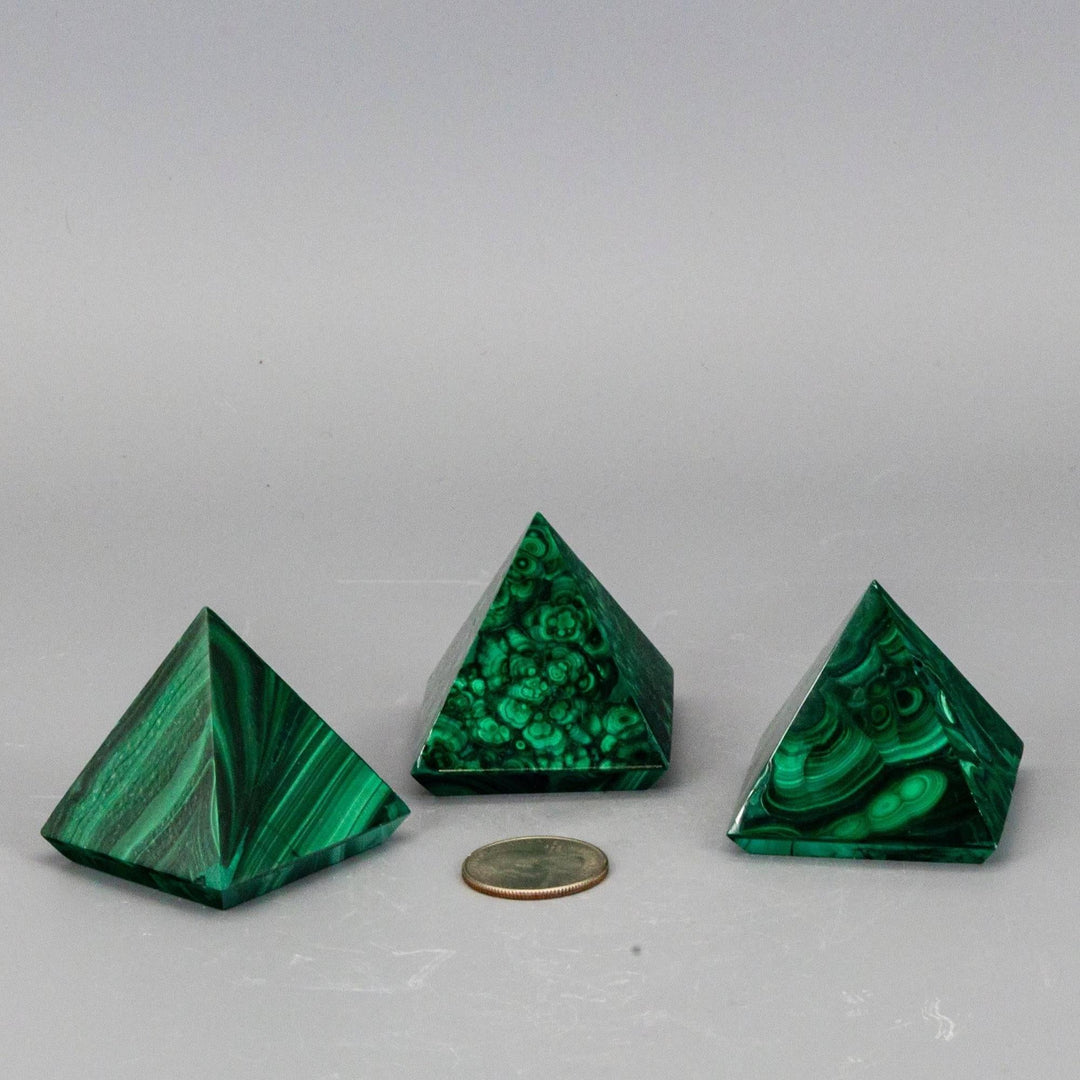 High-quality Malachite Pyramids with unique deep forest green and mint banding, polished to a smooth finish.