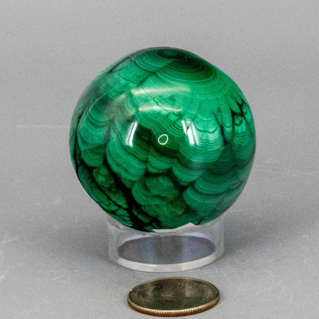 Malachite Sphere, a protective healing crystal with deep forest green and mint concentric banding, on a clear stand.