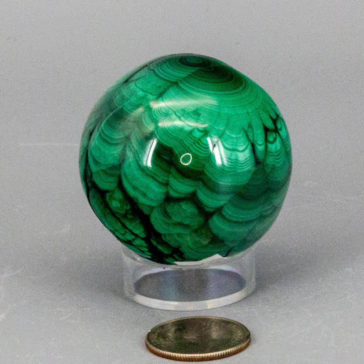 Malachite Sphere, a protective healing crystal with deep forest green and mint concentric banding, on a clear stand.