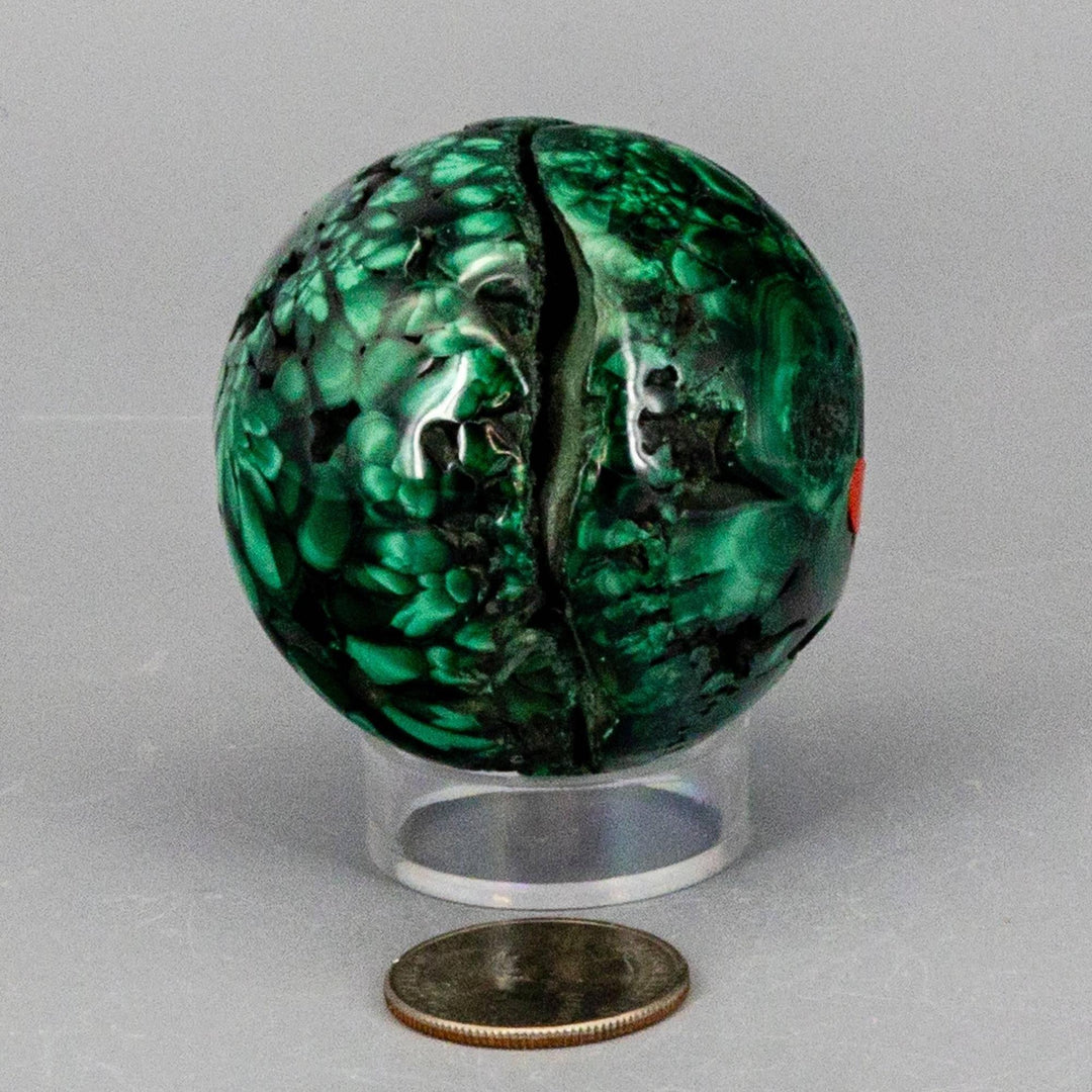 Malachite Sphere, a protective healing crystal with deep forest green and mint concentric banding, displayed on a clear stand.
