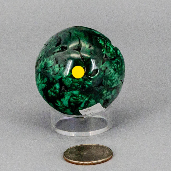 Malachite Sphere, Protective Healing Crystal, showcasing deep forest green and mint banding, on a clear stand.