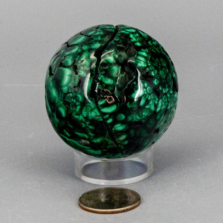 Visually commanding Malachite Sphere, a protective healing crystal with deep forest green and mint concentric rings.