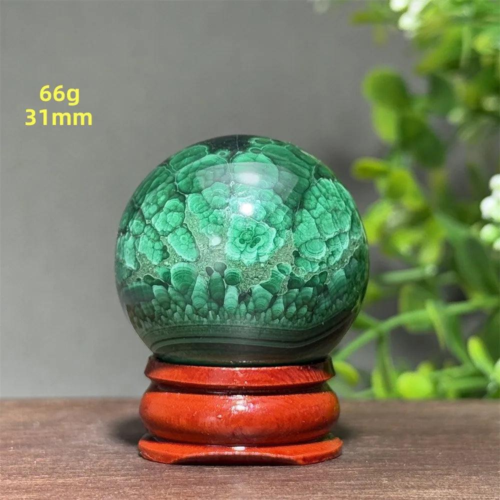 Polished 31mm Malachite crystal sphere with deep green banded patterns on a wooden display base for healing and growth.