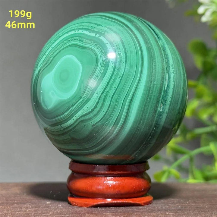 Polished 46mm Malachite crystal sphere with deep green banding on a wooden display base for healing and transformation.