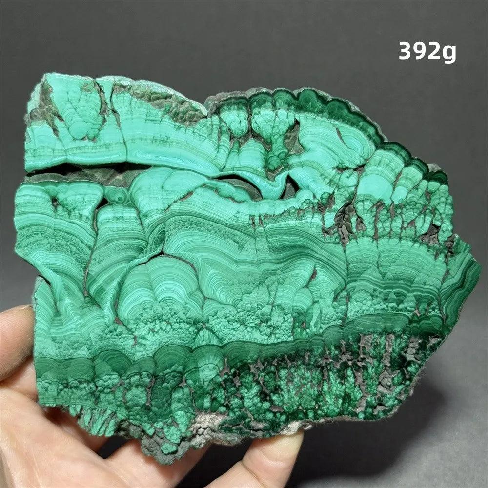 Stunning Malachite Raw Crystal Natural Stone Slice with vivid swirling green banding for growth and transformation.