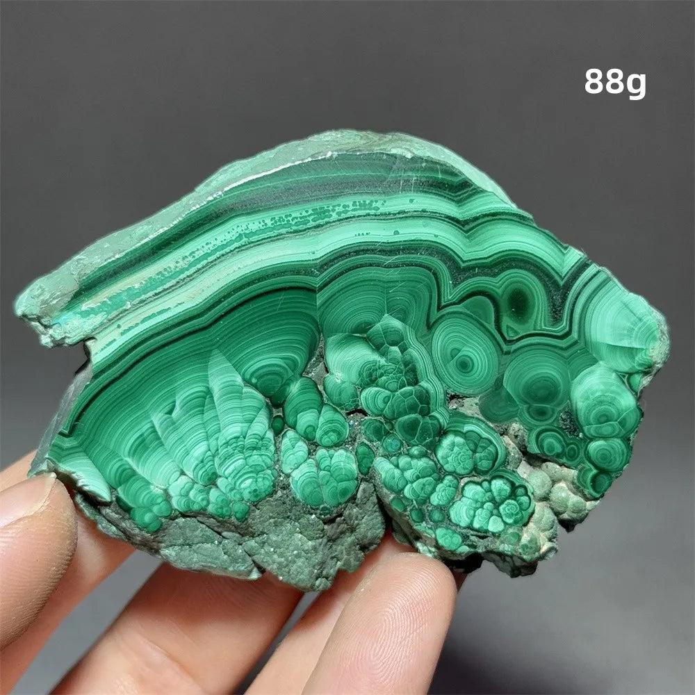 Stunning Malachite Raw Crystal Natural Stone Slice, 88g, with vivid swirling forest green bands and organic edges.