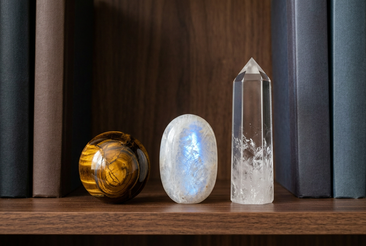 Manifestation crystal set: Tiger's Eye, Blue Moonstone and Clear Quartz on a bookshelf