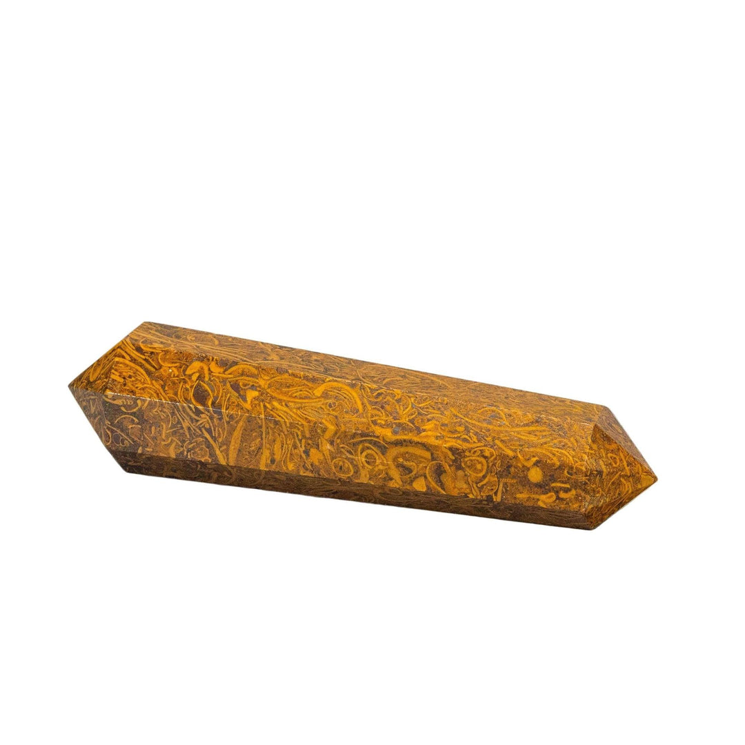 Mariam Stone Double Point: Earthy brown and tan orbicular jasper with distinctive circular patterns, precision-cut for energy work.