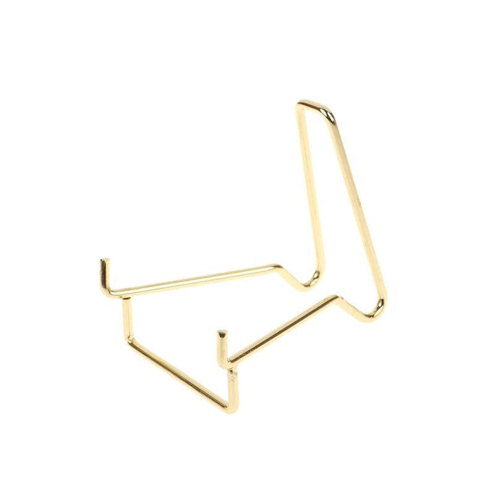 Gold metal arm easel stand for displaying crystals, minerals, geodes, or fossils.