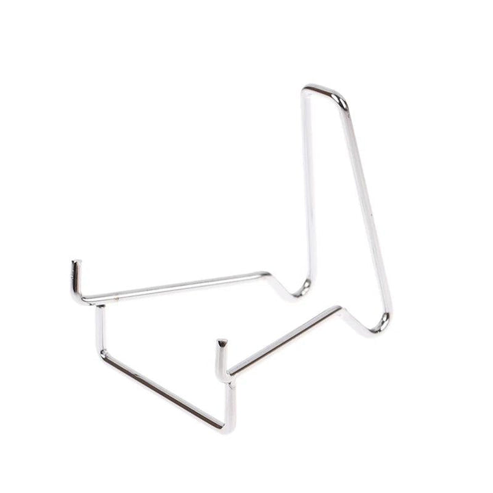 Silver metal arm easel stand, ideal for displaying crystals, minerals, geodes, and fossils.