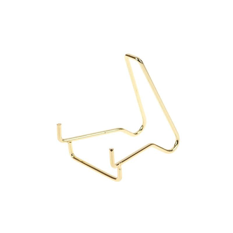 Elegant small gold metal arm easel stand for displaying crystals, minerals, geodes, or fossils.