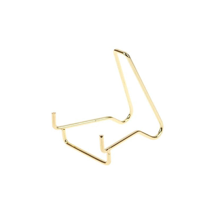 Elegant small gold metal arm easel stand for displaying crystals, minerals, geodes, or fossils.