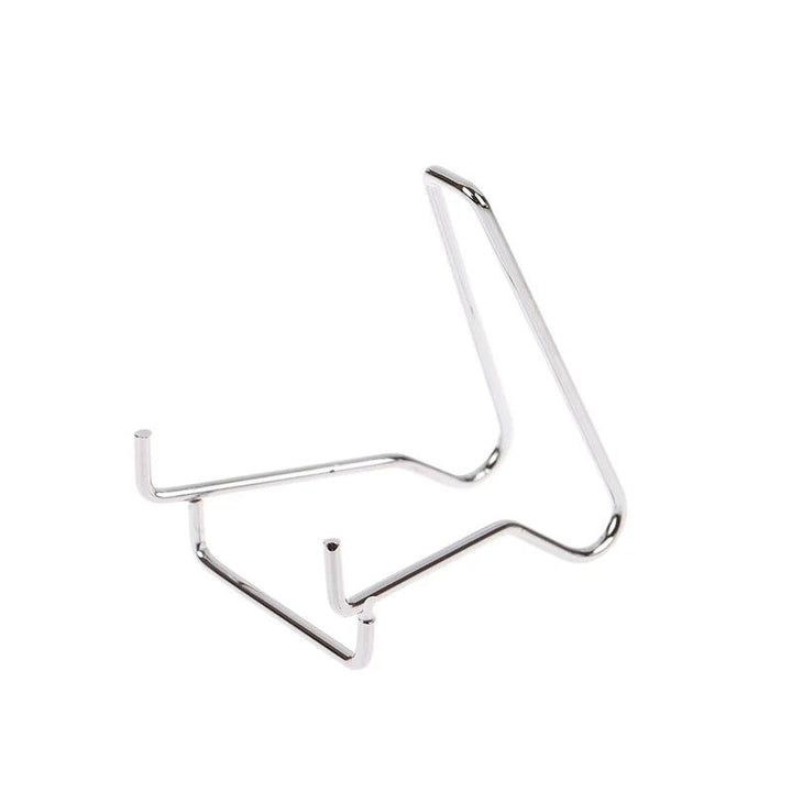 Silver metal arm easel stand, ideal for displaying crystals, minerals, geodes, and fossils.