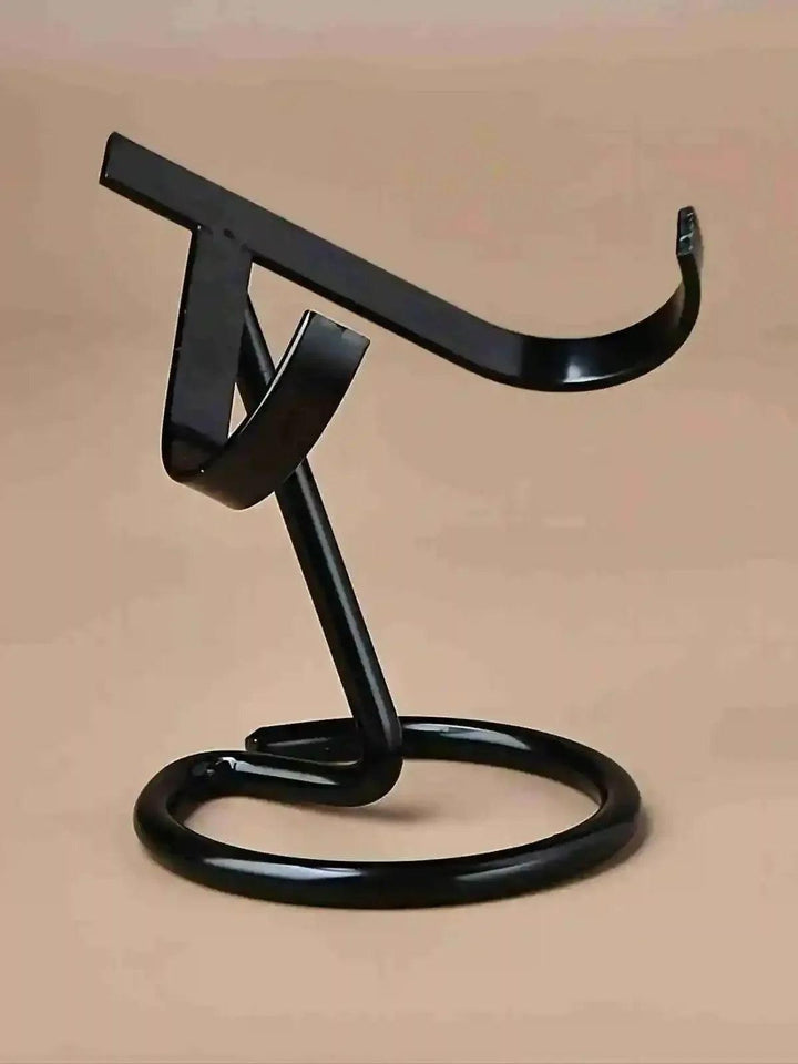 Sleek black metal crystal display stand with a modern, minimalist design and sturdy base.