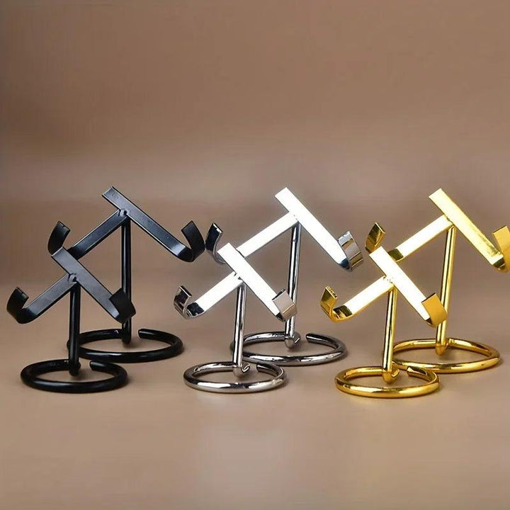 Gold, Black, and Silver metal base crystal display stands in two sizes, featuring a modern, sleek design.