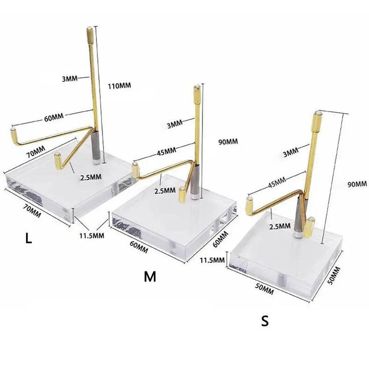 Three gold metal crystal ball display stands with clear acrylic bases, labeled S, M, L, showing dimensions.