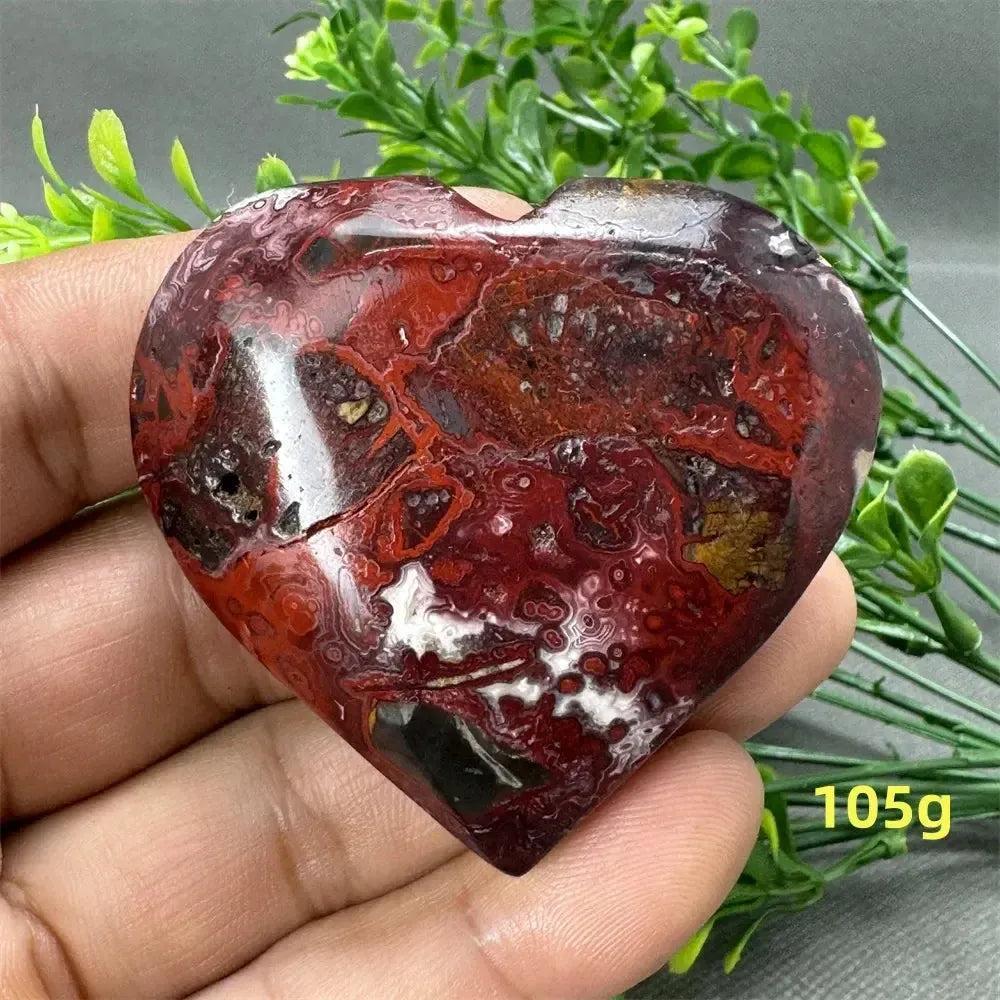 Polished Mexican Agate heart, 105g, with rich red, orange, white, and brown swirls for strength and grounding.