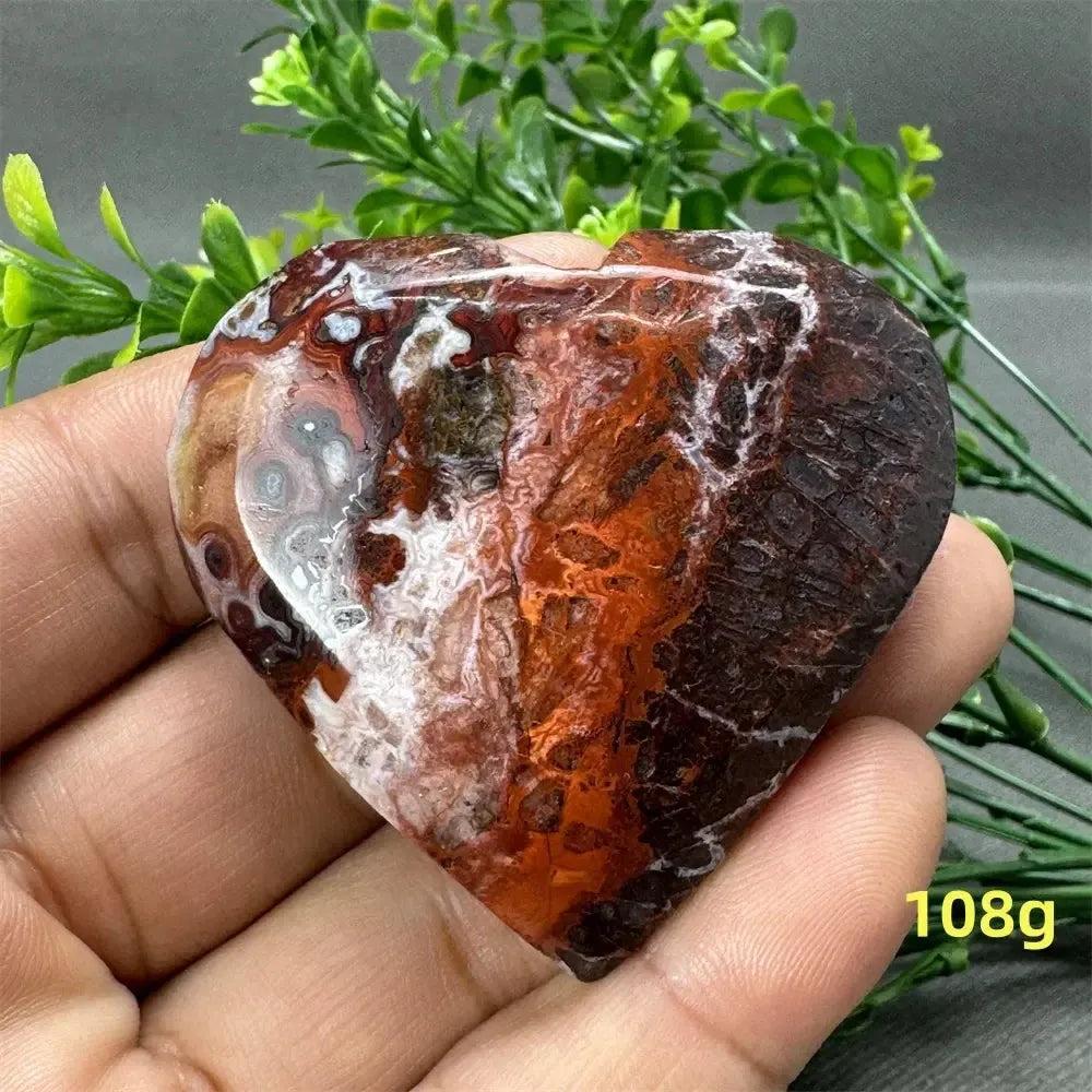 Mexican Agate Crystal Freeform heart, 108g. Rich layers of warm oranges, deep reds, creamy whites, and earthy browns.