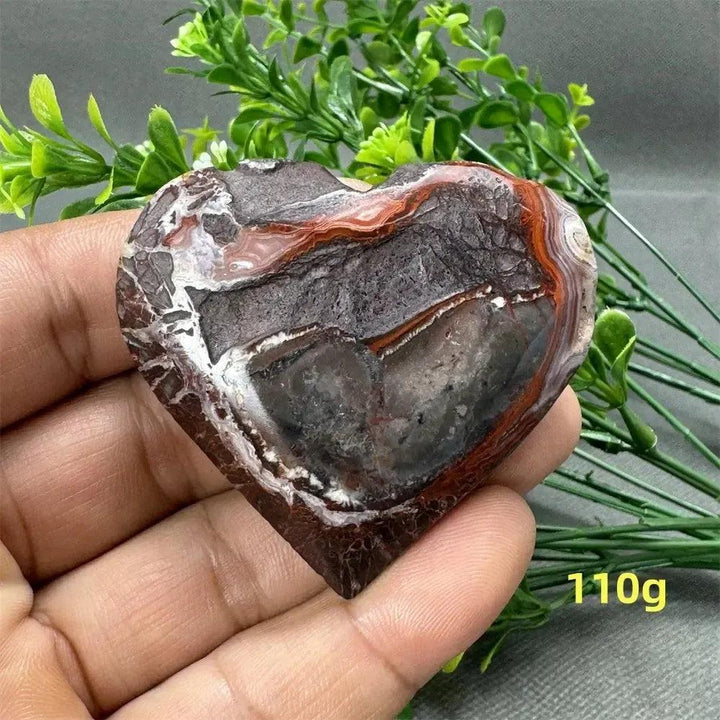 Mexican Agate Crystal Freeform heart, 110g, with warm oranges, deep reds, creamy whites, and earthy browns.