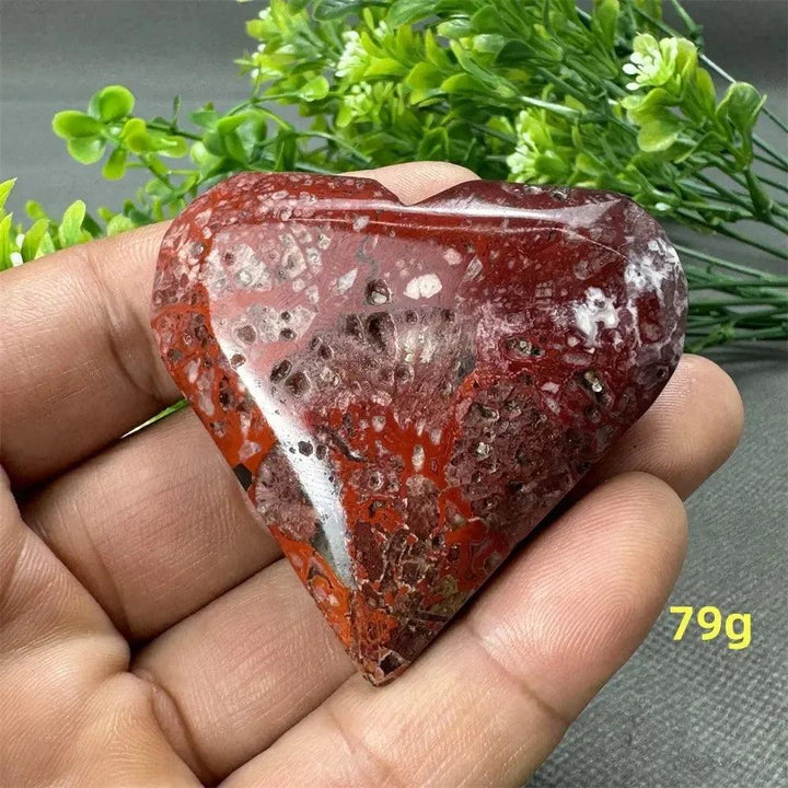 Mesmerizing Mexican Agate heart, 79g, with rich reds, whites, and earthy browns for strength and grounding.