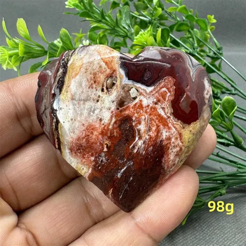 Mexican Agate Crystal Freeform heart, 98g. Rich red, orange, white, and brown swirls, polished for strength and grounding.