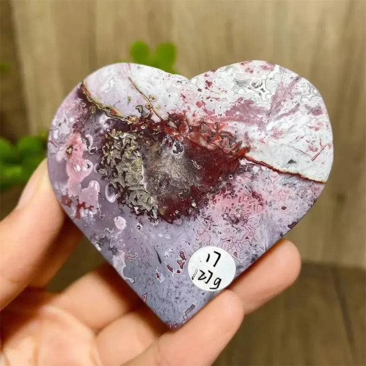 Mexican Agate Crystal Heart for Joy & Emotional Balance, with vibrant pink, purple, and red bands.
