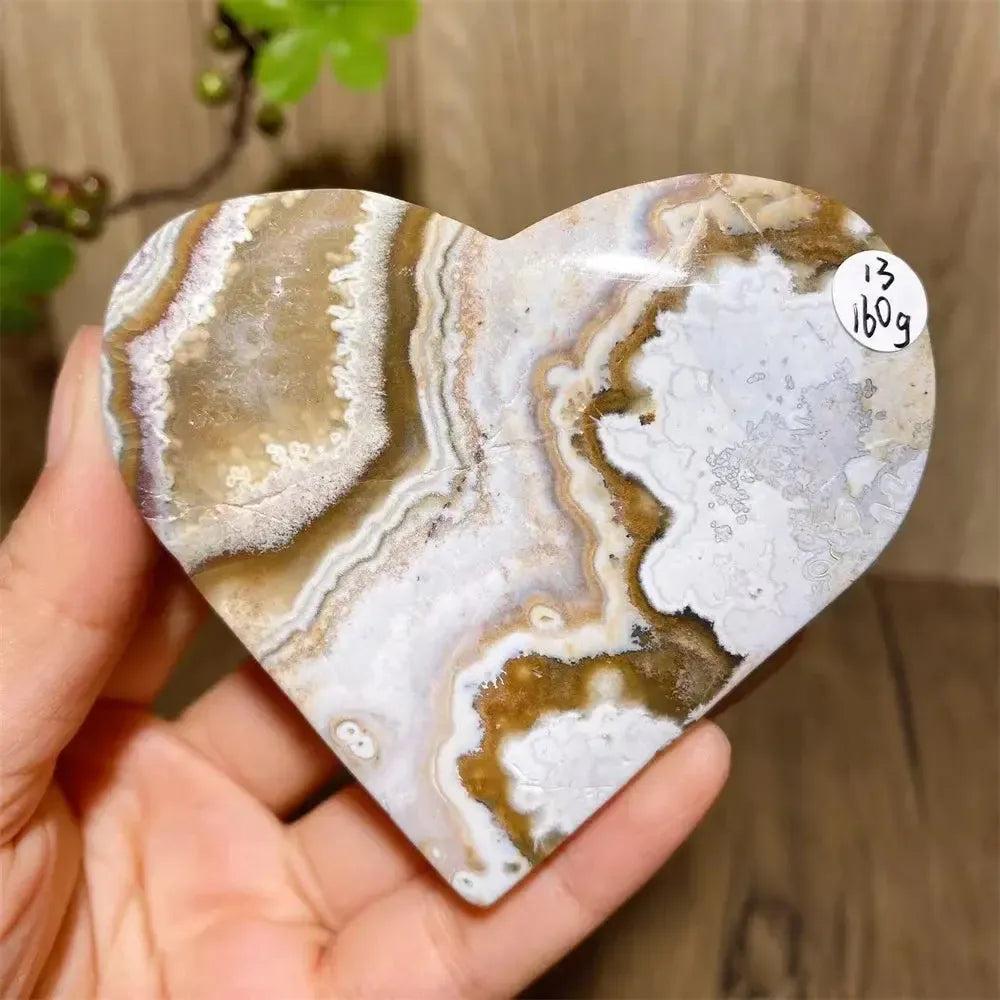 Mexican Agate Crystal Heart: Vivid rainbow-banded geode heart for joy & emotional balance.