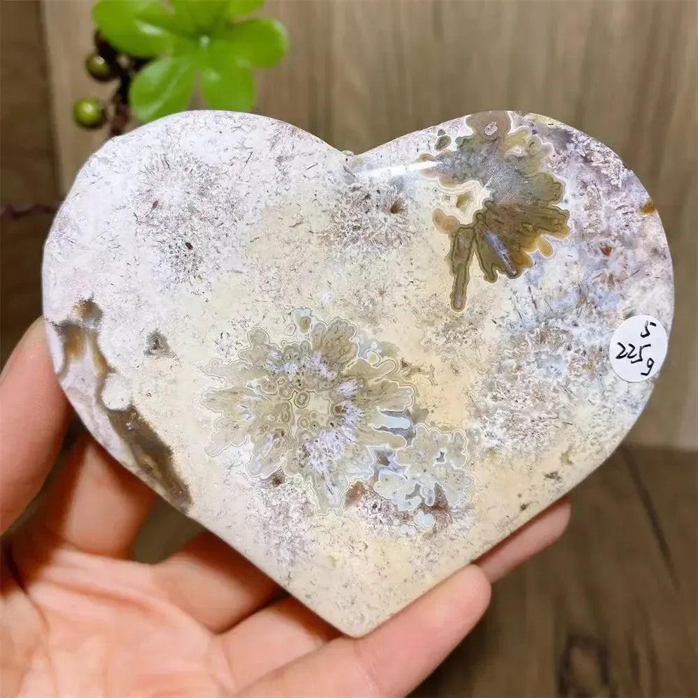 Mexican Agate Crystal Heart for Joy & Emotional Balance, with unique pink, purple, orange, yellow, cream, and red banding.